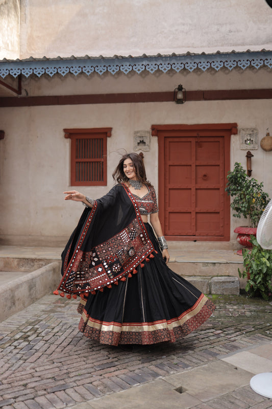 Black Ajrakh Handcrafted Navratri Lehenga Set with Antique Mirror, Coin & Antique Work Dupatta - Raas 2025
