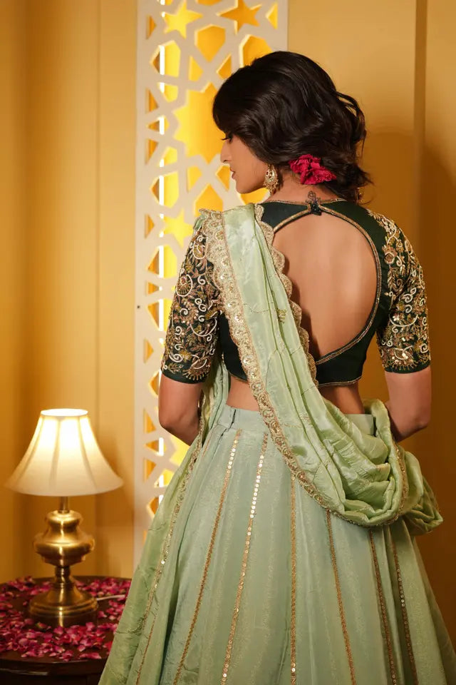 Dark Green Silk & Tissue Bridal Lehenga