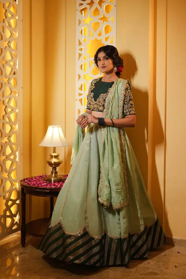 Dark Green Silk & Tissue Bridal Lehenga