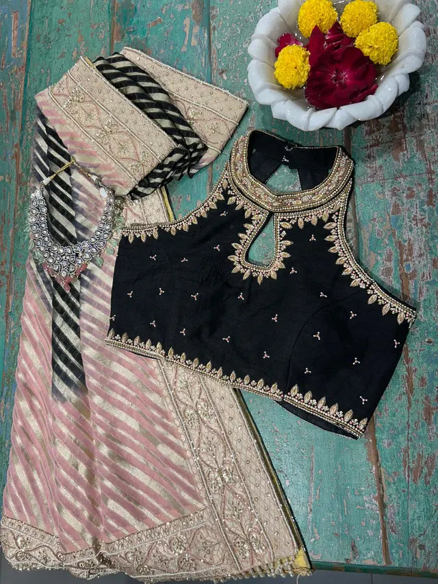 Baby Pink and Black Pure Moga Silk Dupatta & Blouse Set with Handwork