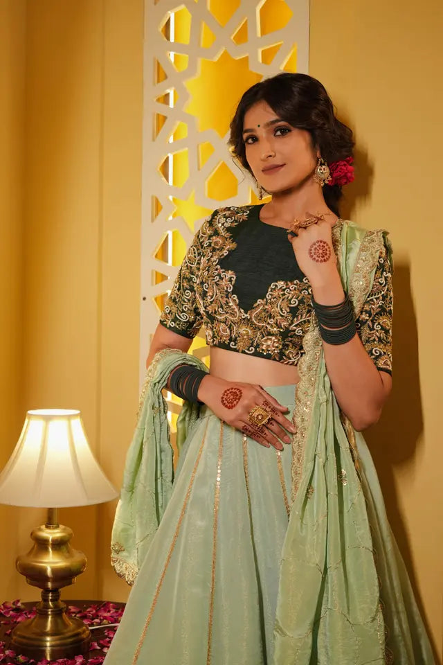 Dark Green Silk & Tissue Bridal Lehenga