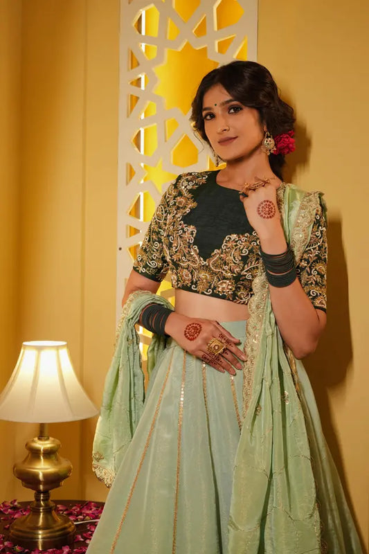 Dark Green Silk & Tissue Bridal Lehenga