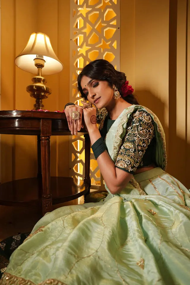 Dark Green Silk & Tissue Bridal Lehenga