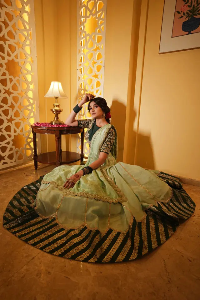 Dark Green Silk & Tissue Bridal Lehenga