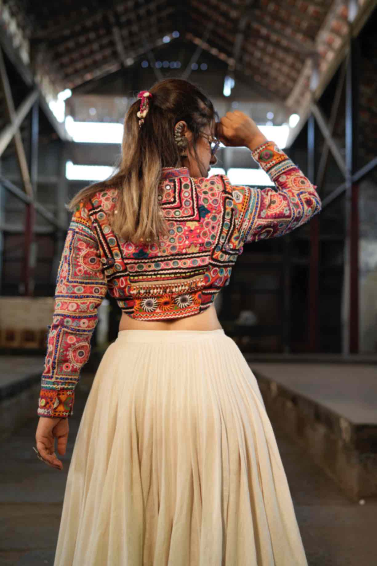 Kutch Heritage Jacket Blouse with 12-Meter Flare Jute Skirt – Navratri 2025 Designer Chaniya Choli