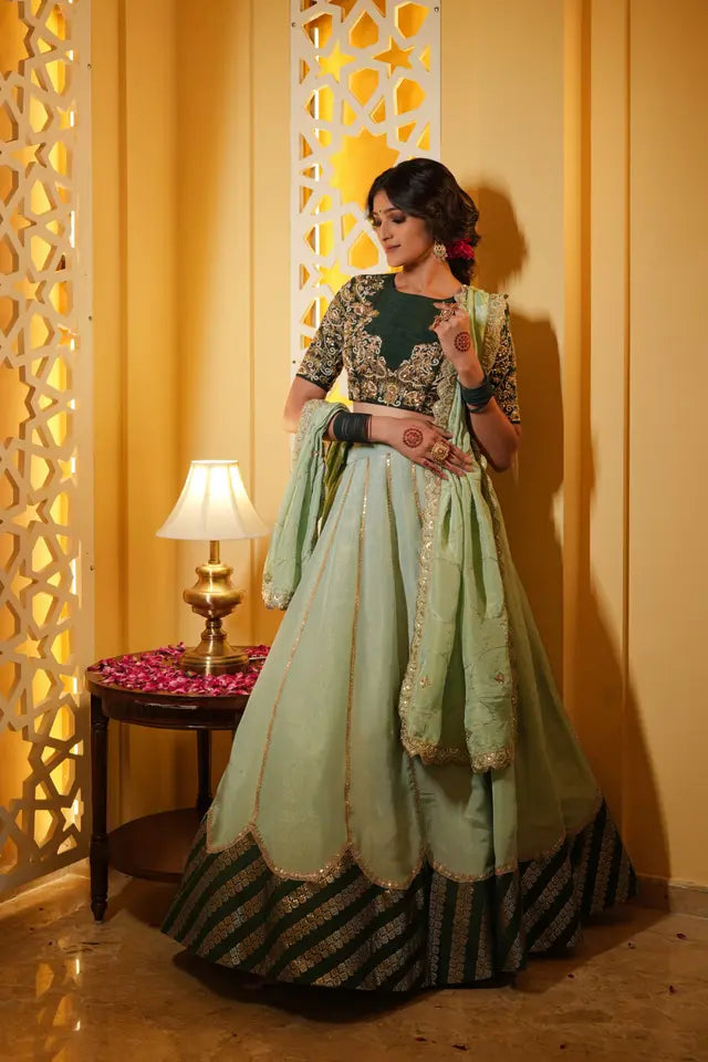 Dark Green Silk & Tissue Bridal Lehenga