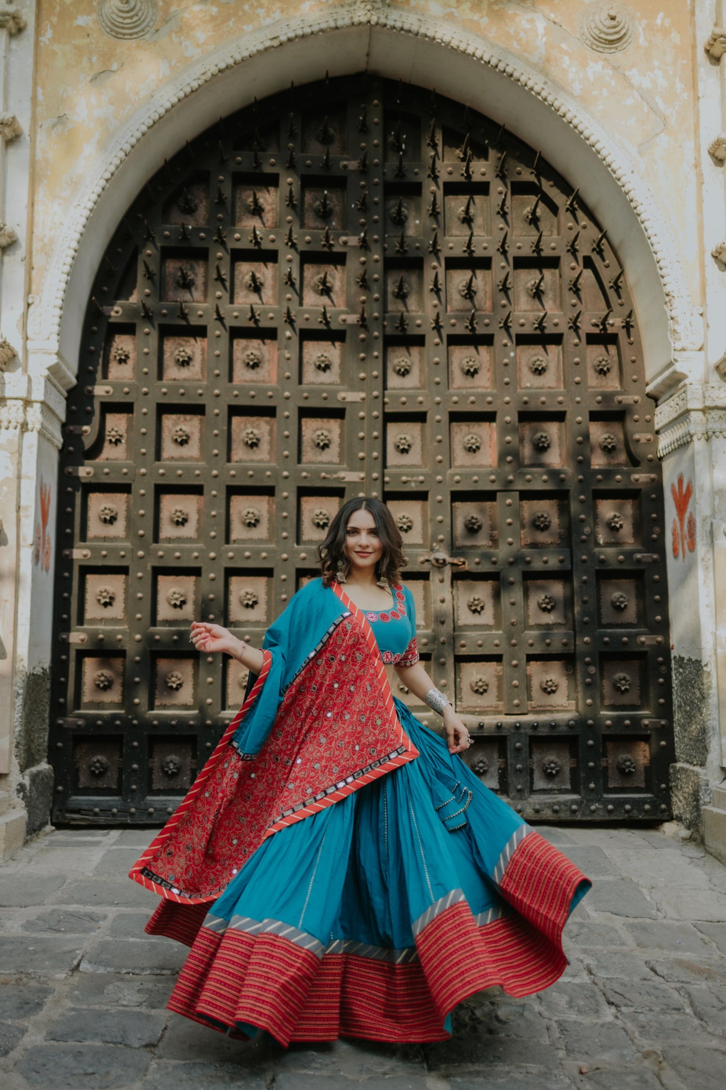 Statement Hem Chaniya with Daman Dupatta & Mirror Neck Blouse – Navratri 2025