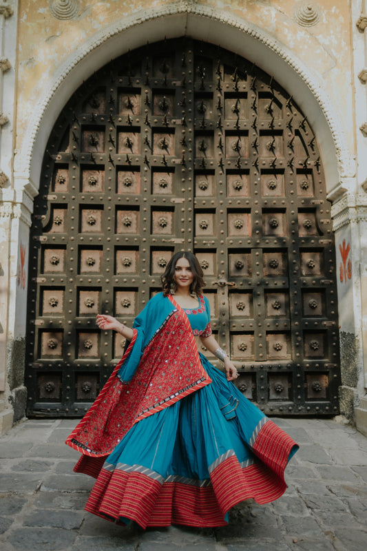 Statement Hem Chaniya with Daman Dupatta & Mirror Neck Blouse – Navratri 2025
