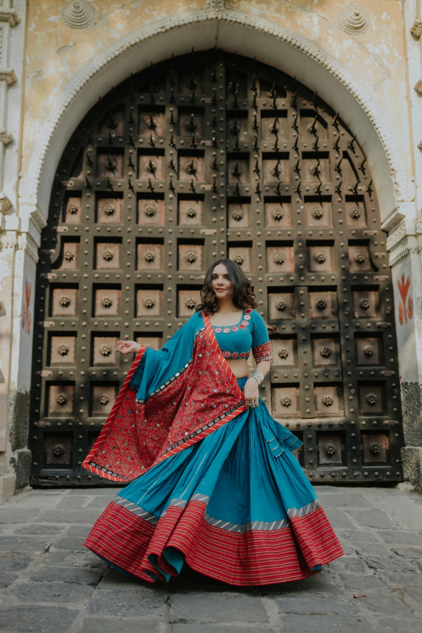 Statement Hem Chaniya with Daman Dupatta & Mirror Neck Blouse – Navratri 2025