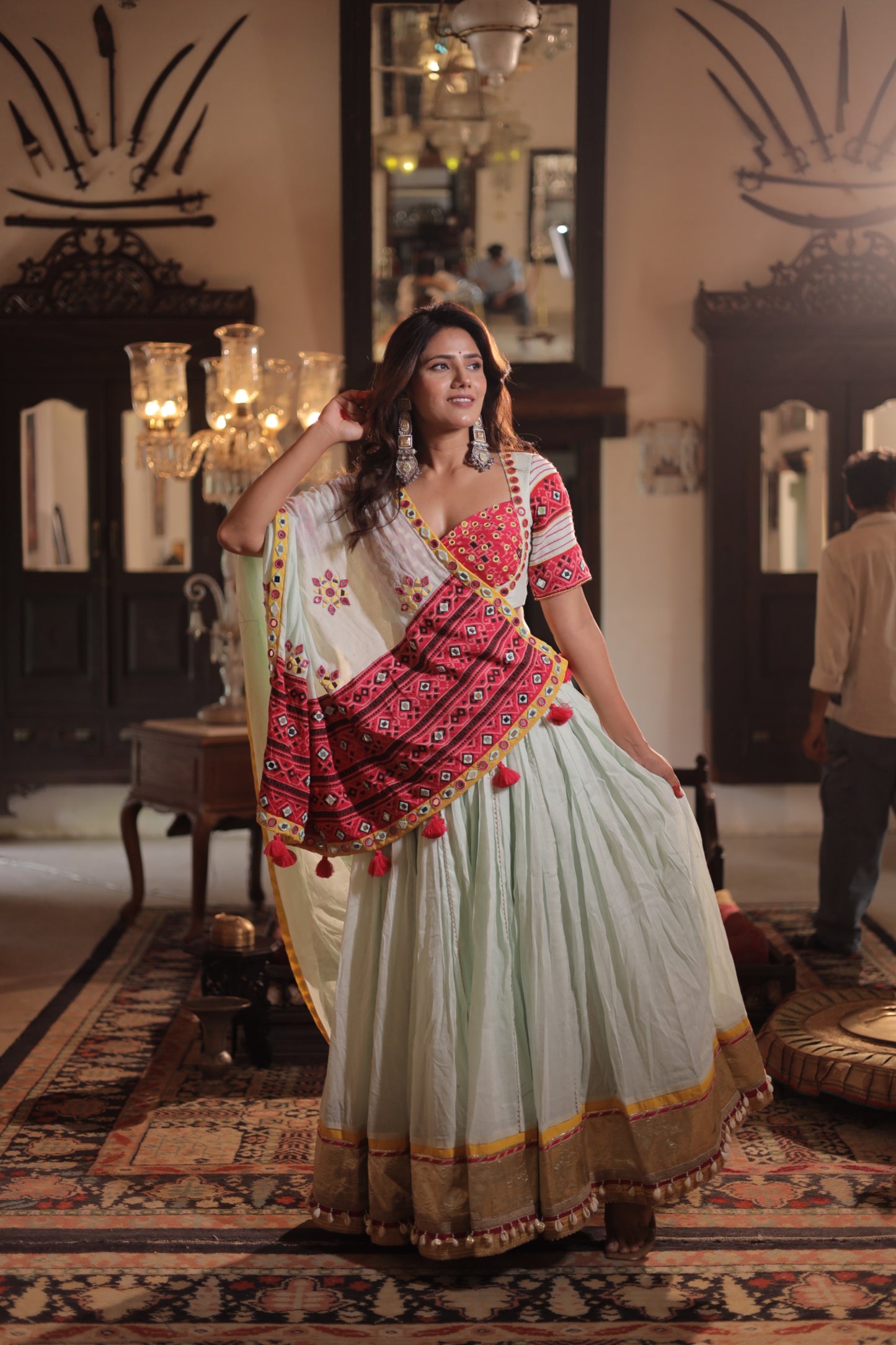 Pista Elegance: Navratri 2025 Mul Cotton Skirt Set with Patola Mirror Blouse & Daman Dupatta