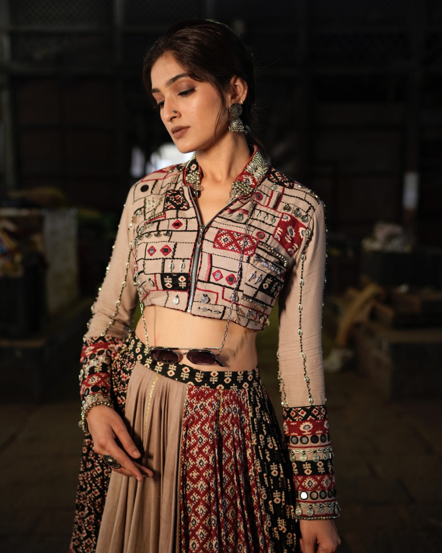 Ajrakh Chaniya Choli 2025, Khadi Cotton Navratri Jacket Blouse, 12 Meter Flare Skirt, Navratri 2025 Lehenga, Mirror Coin Shell Work Blouse, Ajrakh Garba Outfit, Designer Chaniya Choli, Handcrafted Navratri Wear, Navratri Jacket Choli, Glam Girl by Aarti Lata, Modern Traditional Garba Look