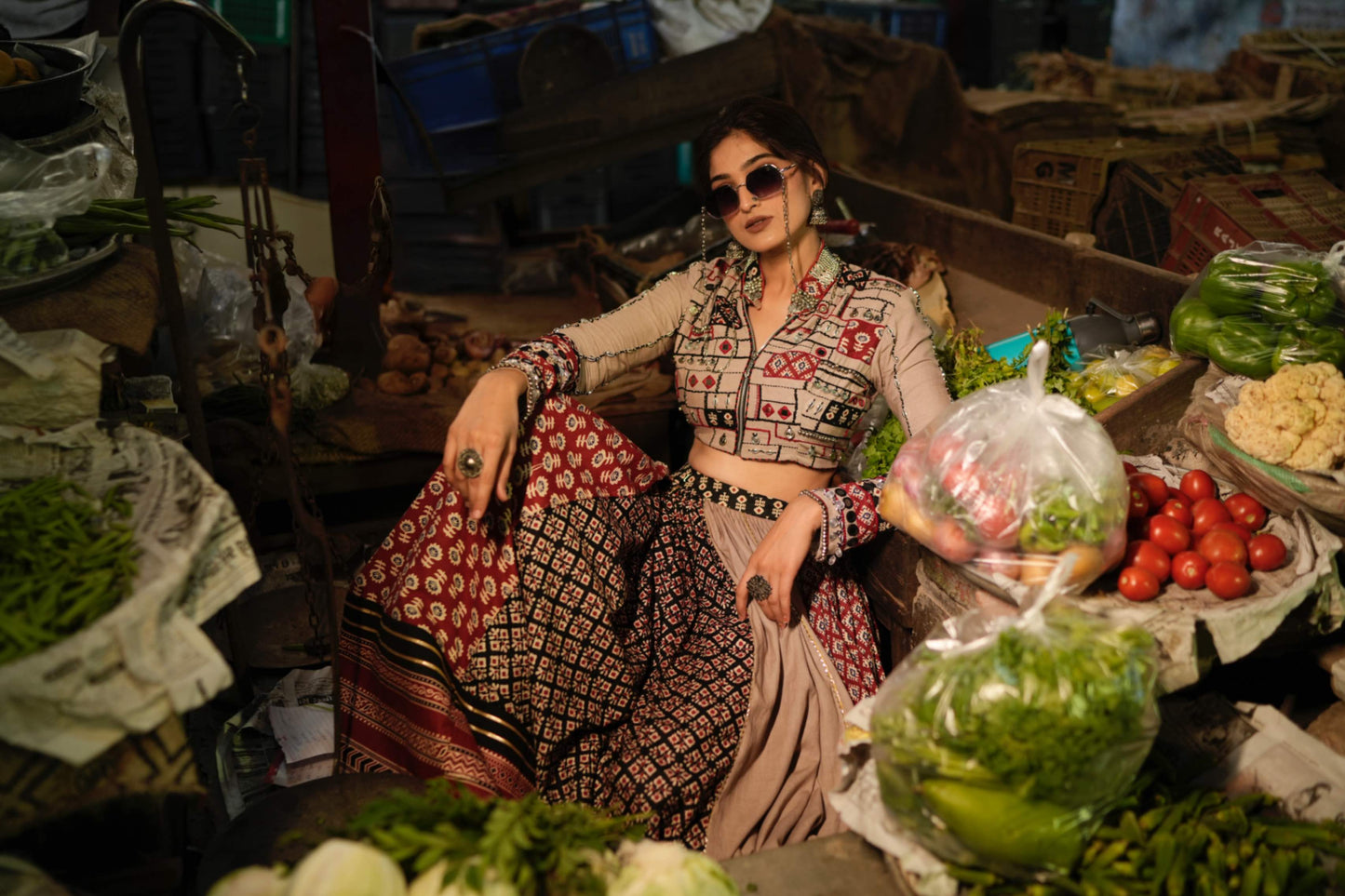 Ajrakh Chaniya Choli 2025, Khadi Cotton Navratri Jacket Blouse, 12 Meter Flare Skirt, Navratri 2025 Lehenga, Mirror Coin Shell Work Blouse, Ajrakh Garba Outfit, Designer Chaniya Choli, Handcrafted Navratri Wear, Navratri Jacket Choli, Glam Girl by Aarti Lata, Modern Traditional Garba Look