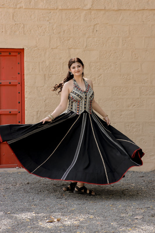 Classic Black Jute Waistcoat Navratri Chaniya Set