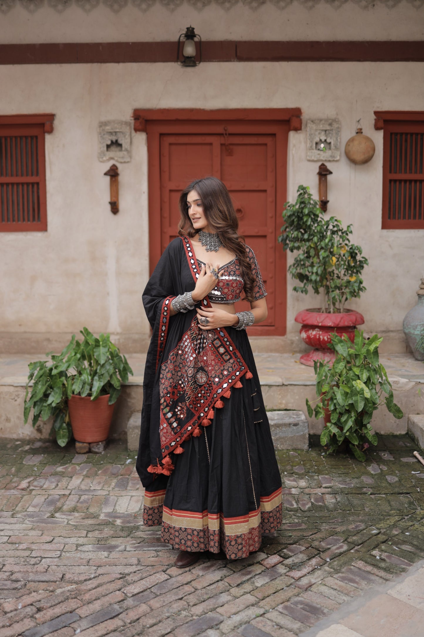 Black Ajrakh Handcrafted Navratri Lehenga Set with Antique Mirror, Coin & Antique Work Dupatta - Raas 2025