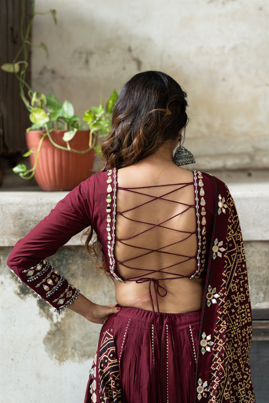 Maroon Mul Cotton Navratri Lehenga Set with Handcrafted Patola Dupatta and Mirror Work Blouse|RAAS