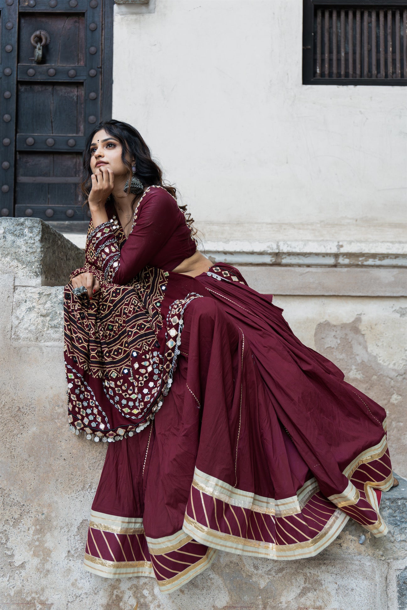 Maroon Mul Cotton Navratri Lehenga Set with Handcrafted Patola Dupatta and Mirror Work Blouse|RAAS