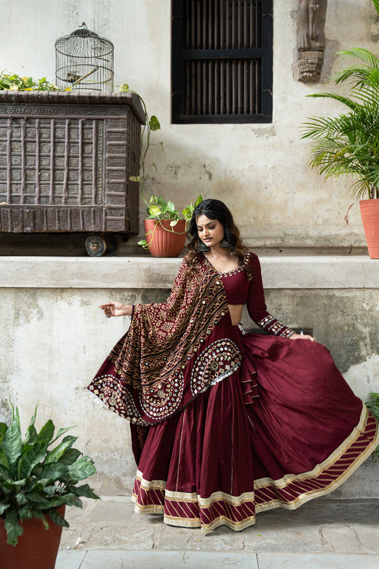 Maroon Mul Cotton Navratri Lehenga Set with Handcrafted Patola Dupatta and Mirror Work Blouse|RAAS