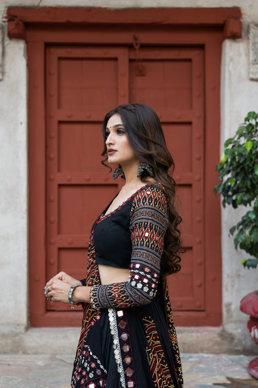 Black Mul Cotton Navratri Lehenga Set With Patoda Mirrorwork Dupatta & Hand-Embroidered Blouse|RAAS