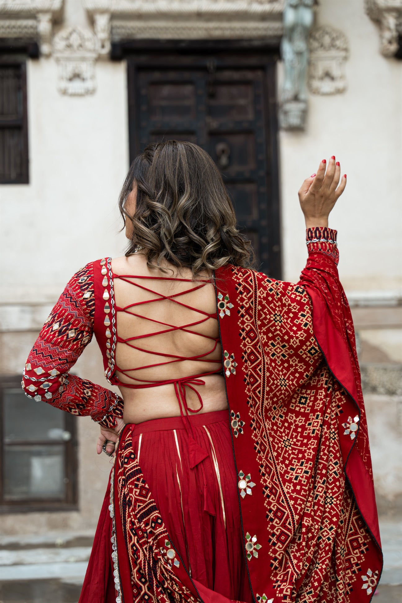 Raas| Handcrafted Deep Red Mul Cotton Navratri Lehenga Set with Bandhani Mirrorwork Dupatta