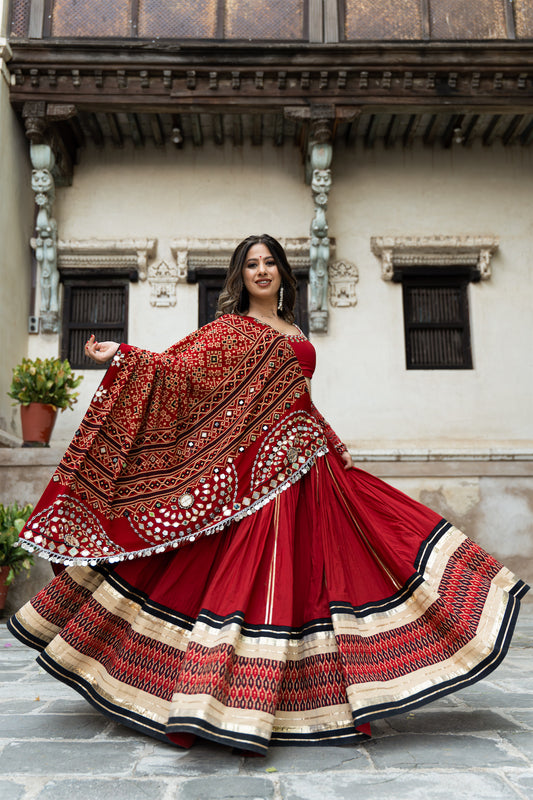 Raas| Handcrafted Deep Red Mul Cotton Navratri Lehenga Set with Bandhani Mirrorwork Dupatta