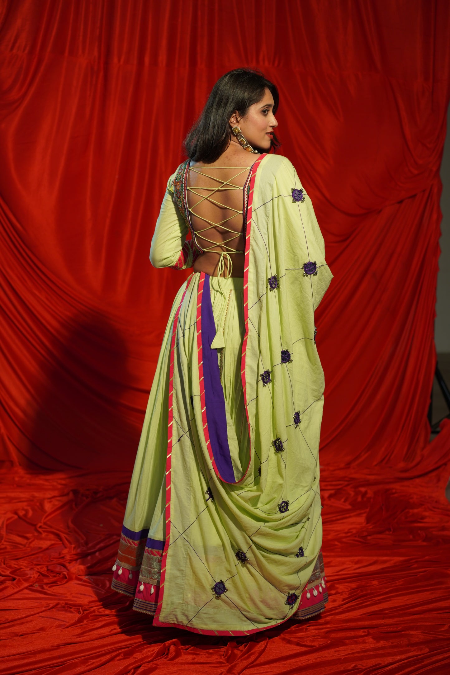 Lime Green Kachi Work Navratri Chaniya Choli with Mirror Dupatta – 12 Meter Flare | 2025 Collection