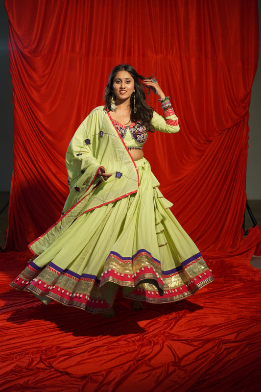 Lime Green Kachi Work Navratri Chaniya Choli with Mirror Dupatta – 12 Meter Flare | 2025 Collection