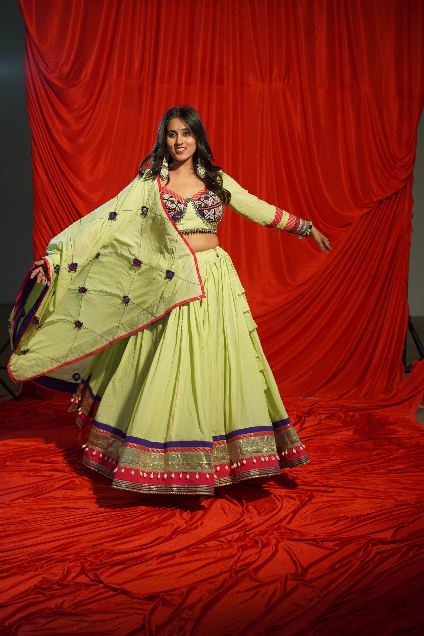 Lime Green Kachi Work Navratri Chaniya Choli with Mirror Dupatta – 12 Meter Flare | 2025 Collection