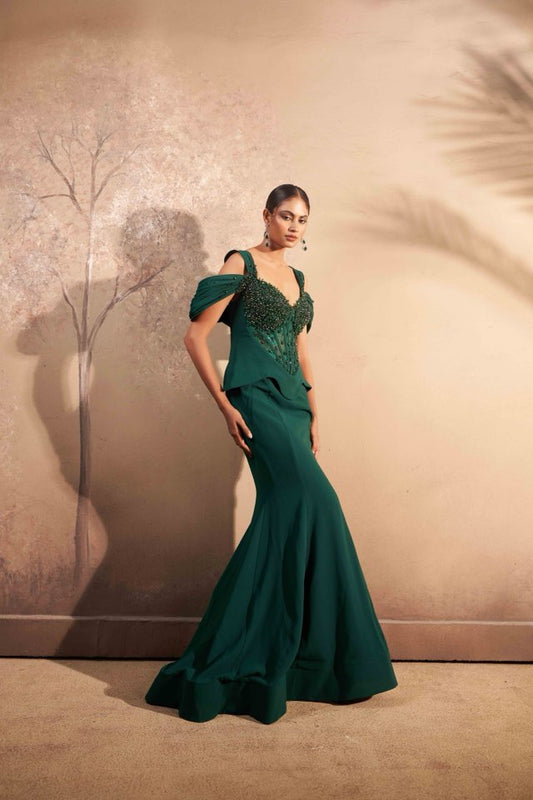 Emerald Crystal Corset Gown with Draped Shoulders – Luxury Evening Wear
