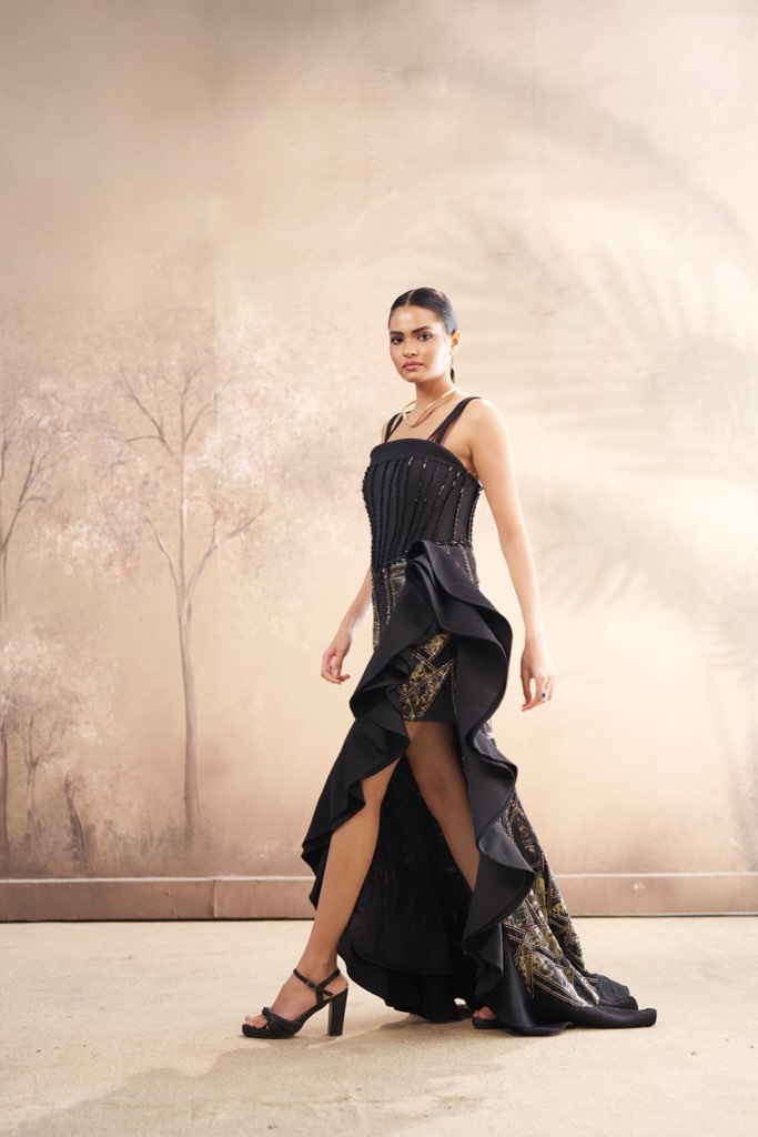 Black Corset Gown with Handcrafted Metallic Detailing