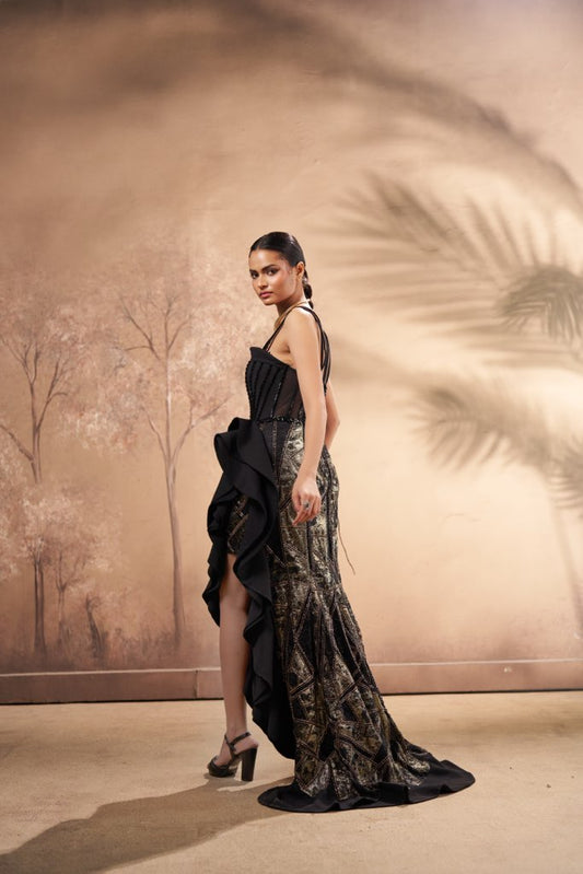Black Corset Gown with Handcrafted Metallic Detailing