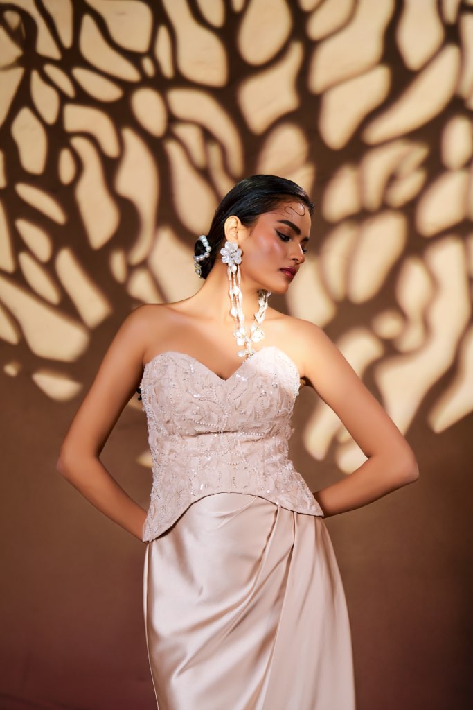 Blush Nude Strapless Embellished Corset Gown with Satin Drape Skirt