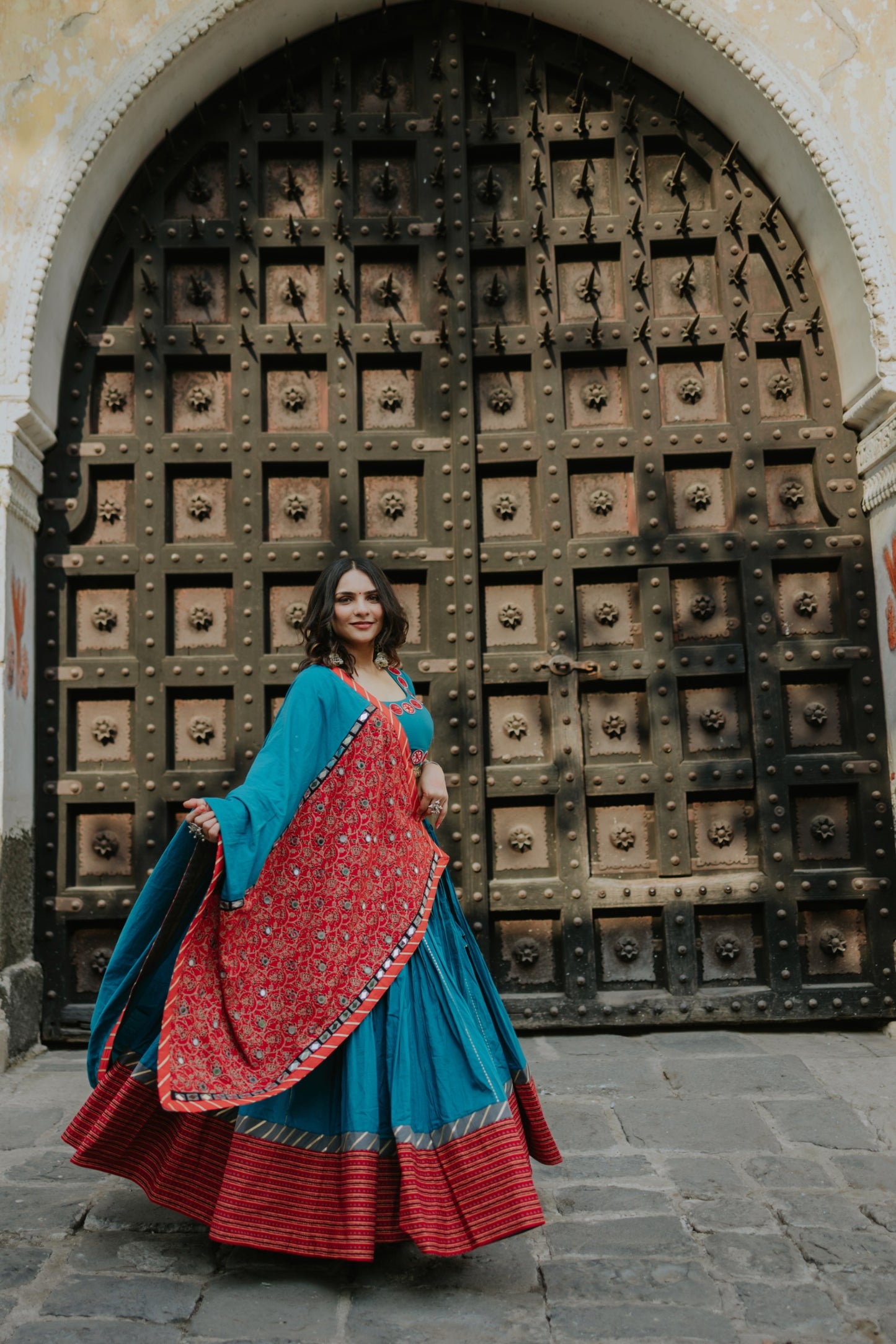 Statement Hem Chaniya with Daman Dupatta & Mirror Neck Blouse – Navratri 2025