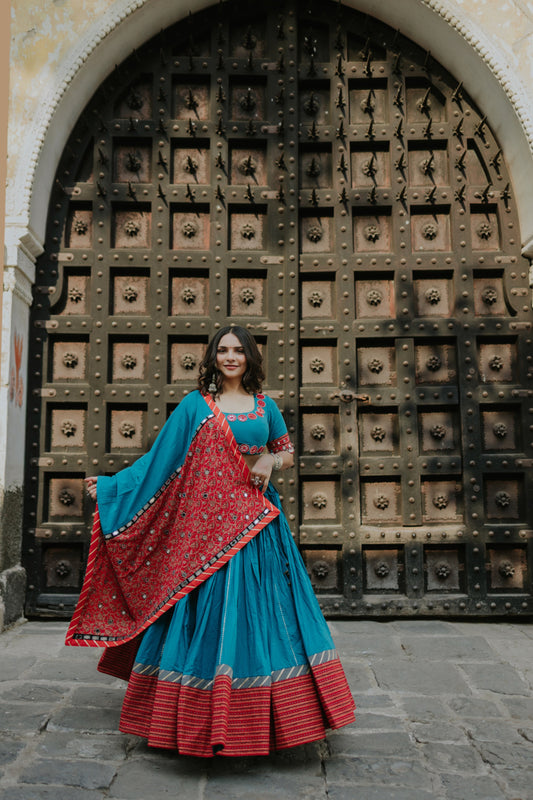 Statement Hem Chaniya with Daman Dupatta & Mirror Neck Blouse – Navratri 2025