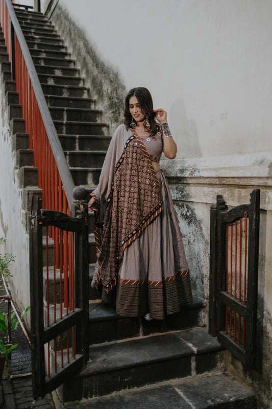 Statement Hem Chaniya with Daman Dupatta & Mirror Neck Blouse – Navratri 2025