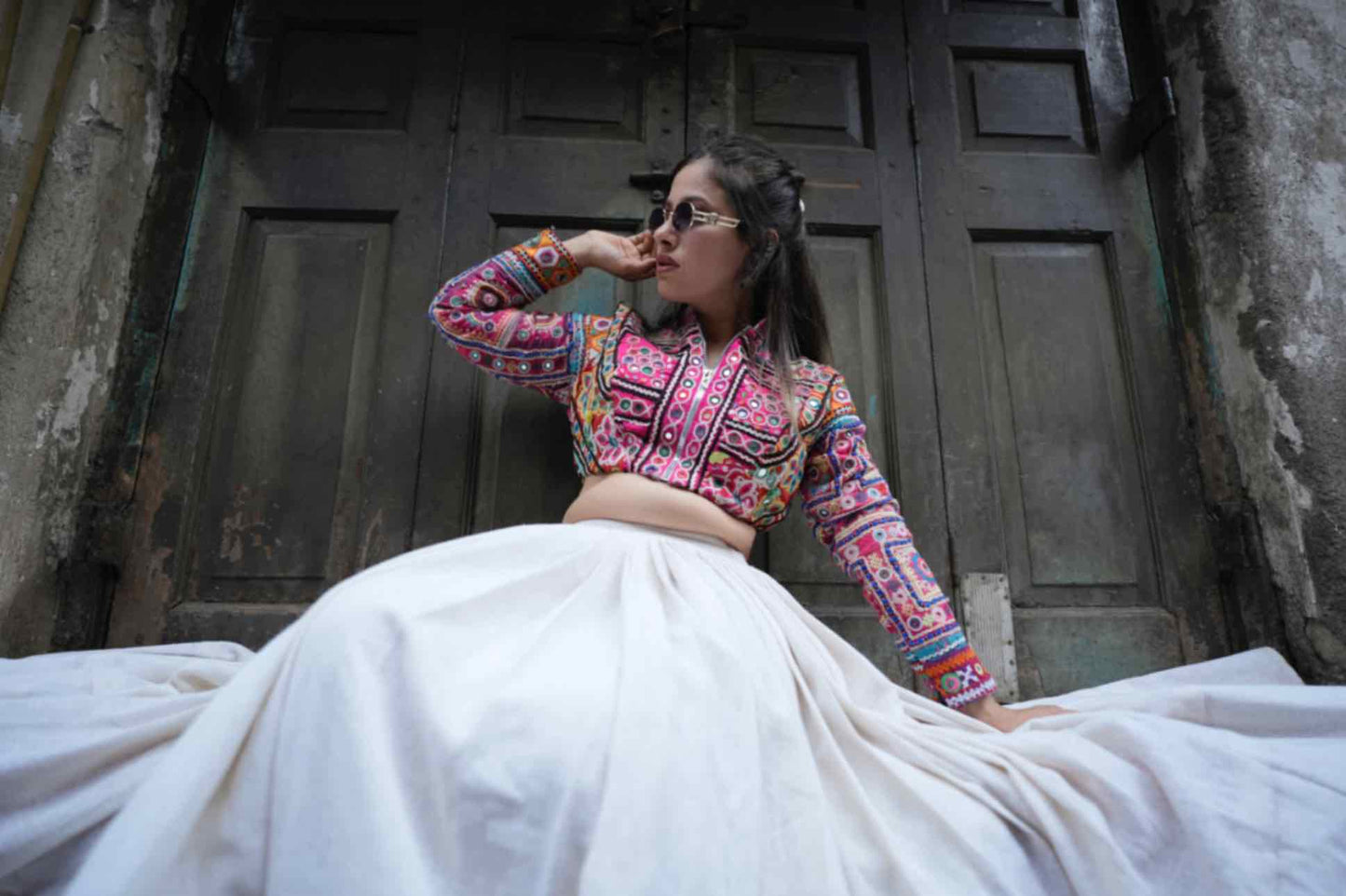Kutch Heritage Jacket Blouse with 12-Meter Flare Jute Skirt – Navratri 2025 Designer Chaniya Choli