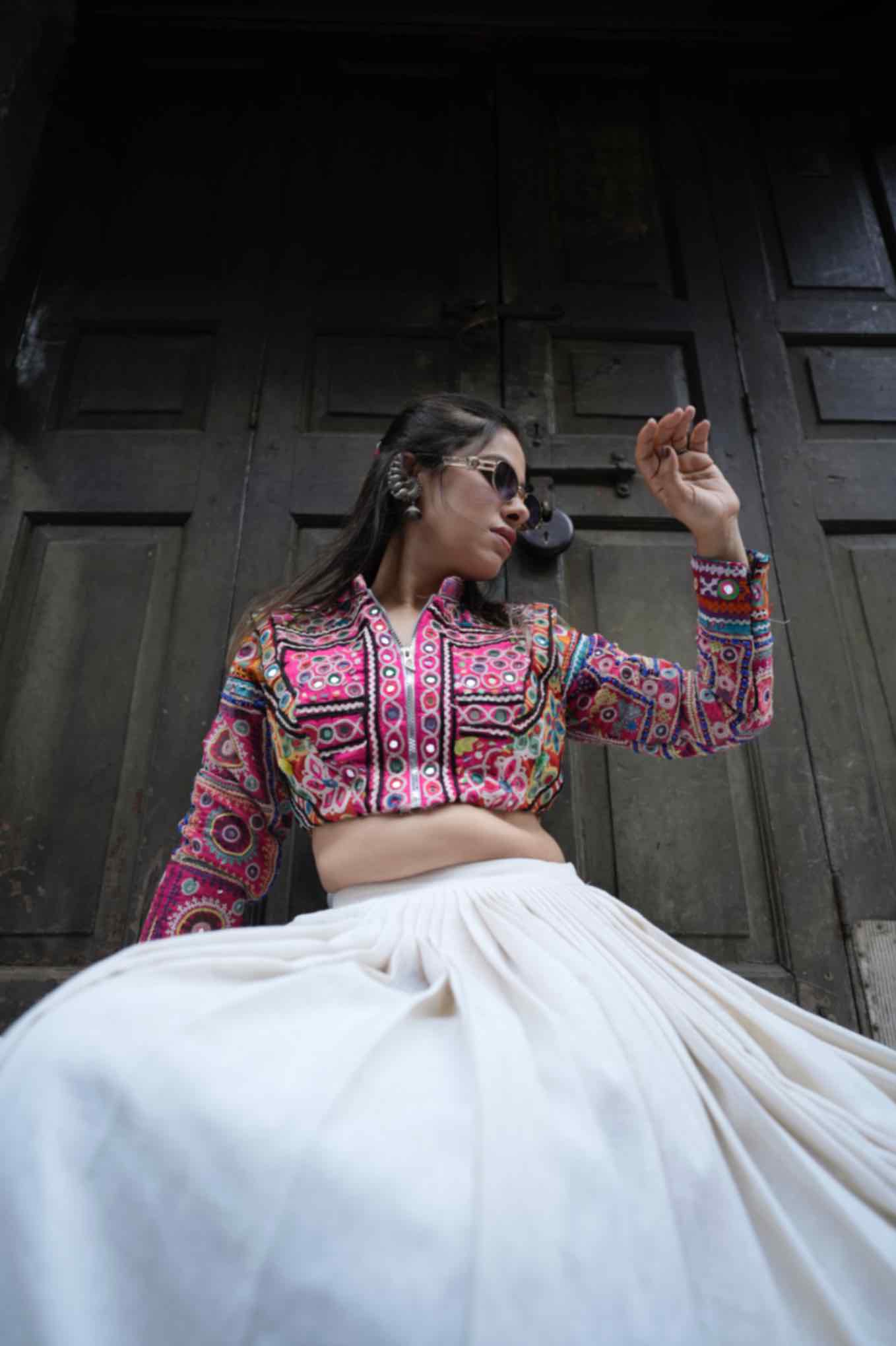 Kutch Heritage Jacket Blouse with 12-Meter Flare Jute Skirt – Navratri 2025 Designer Chaniya Choli