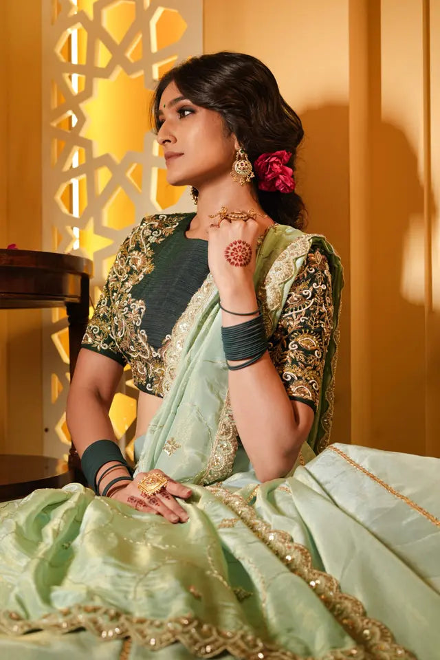 Dark Green Silk & Tissue Bridal Lehenga