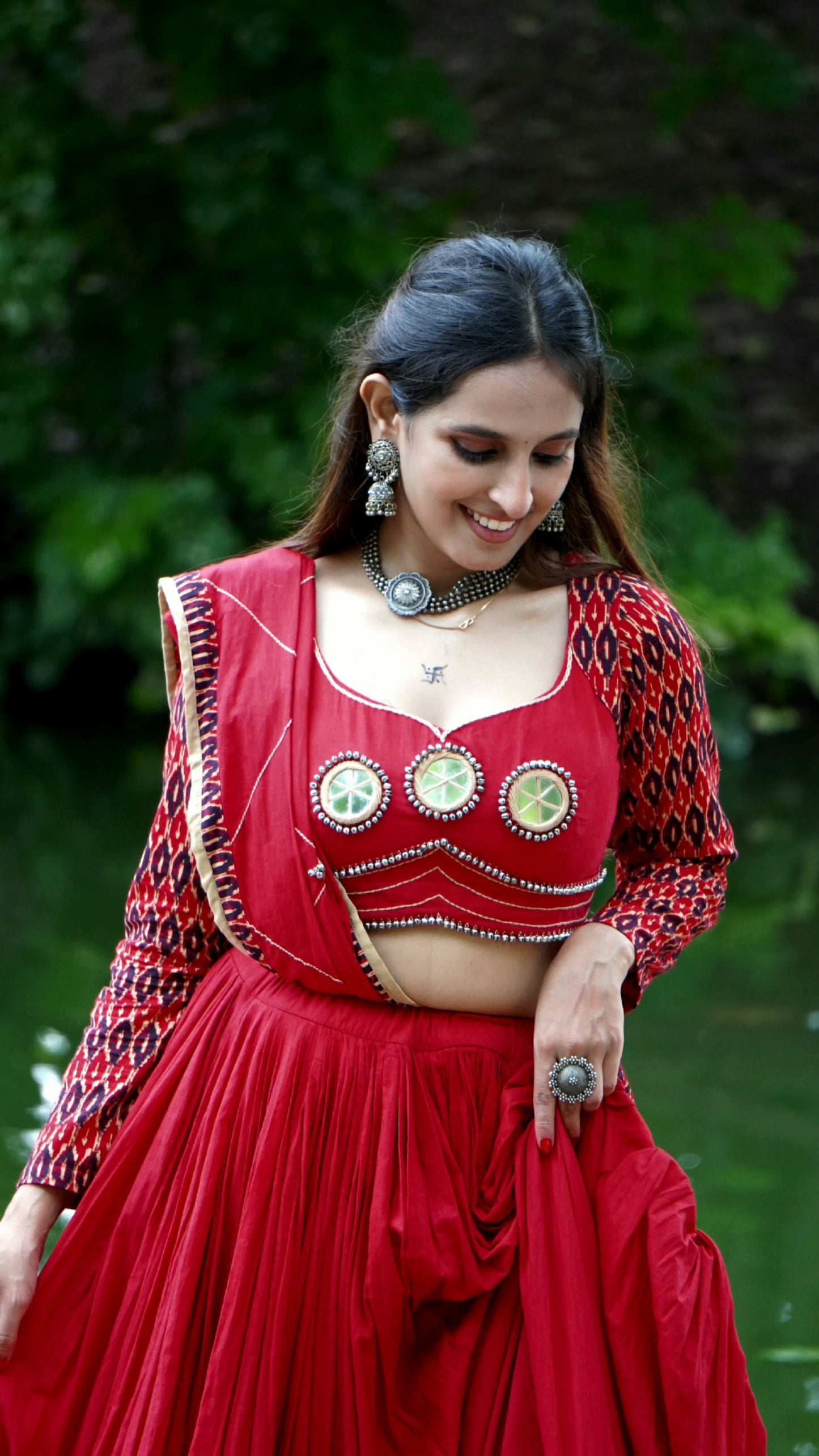 Red Ikat Navratri Chaniya Choli with Mirror Work – 12 Meter Flare | 2025 Collection