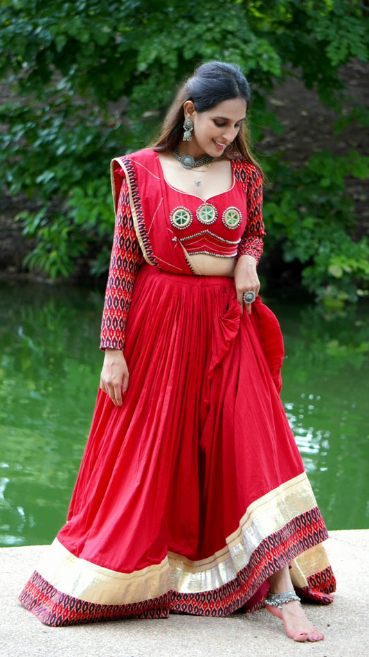 Red Ikat Navratri Chaniya Choli with Mirror Work – 12 Meter Flare | 2025 Collection
