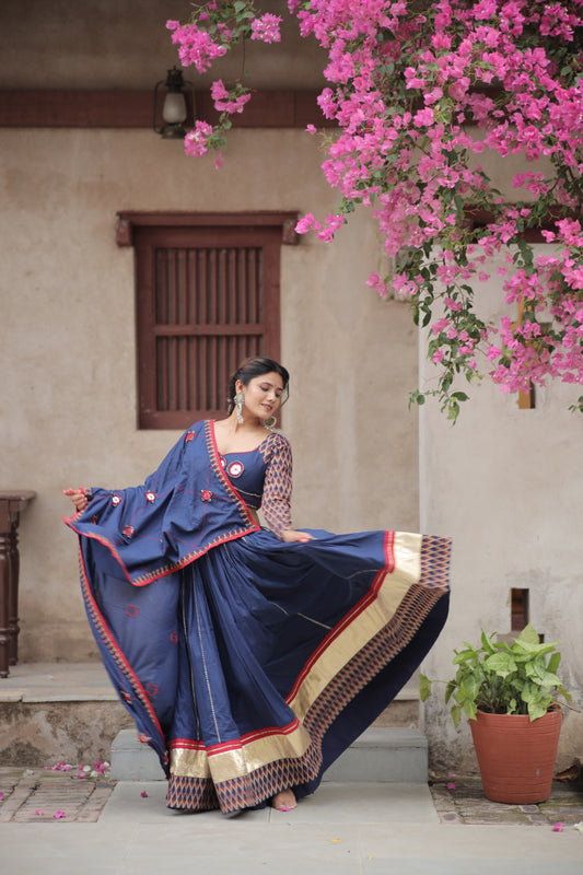 Navy blue Ikat Navratri Chaniya Choli with Statement Mirror Dupatta – | Glam Girl Raas 2025