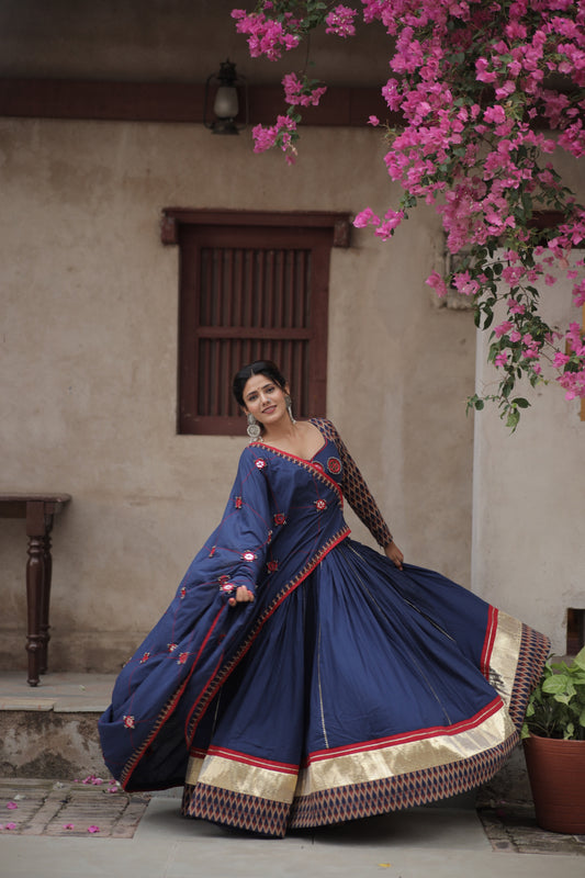 Navy blue Ikat Navratri Chaniya Choli with Statement Mirror Dupatta – | Glam Girl Raas 2025