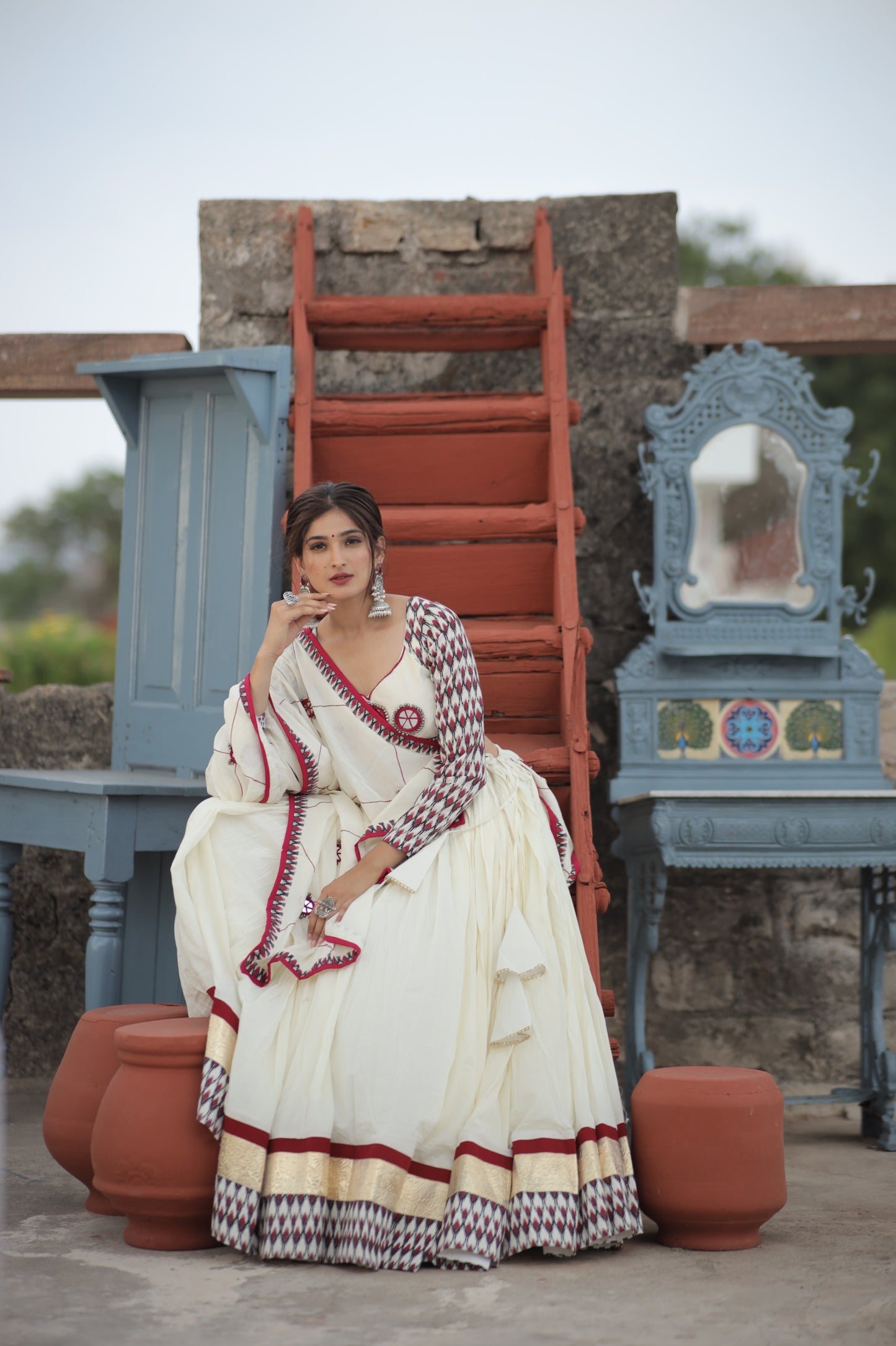 White Ikat Navratri Chaniya Choli with Statement Mirror Dupatta | Glam Girl Raas 2025