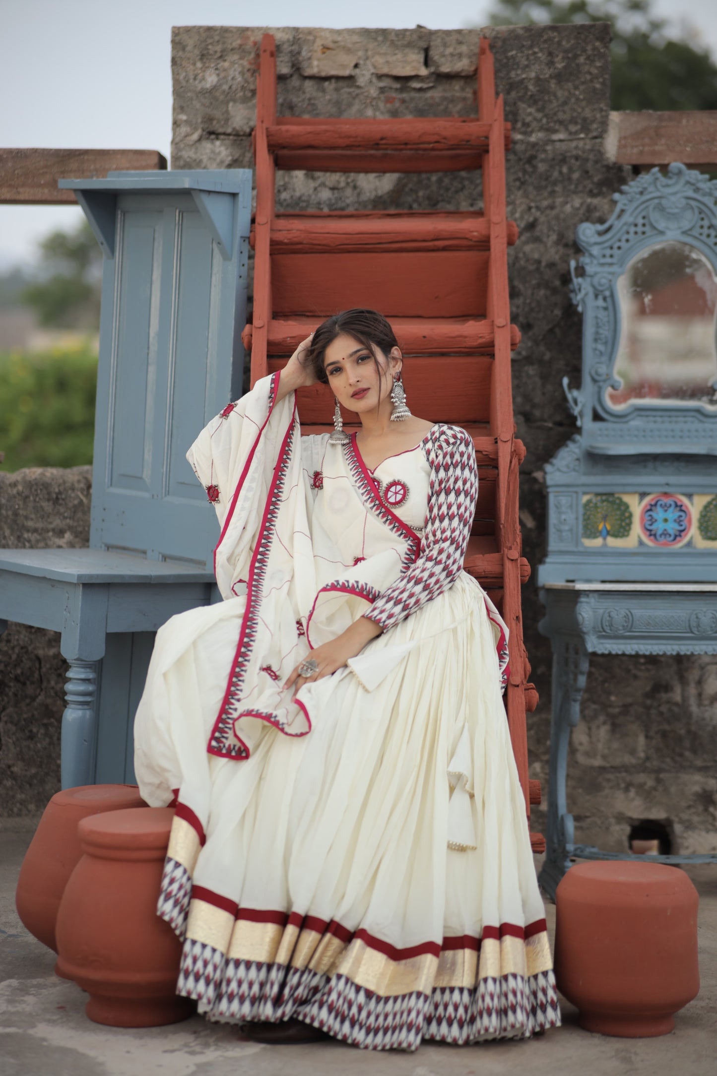 White Ikat Navratri Chaniya Choli with Statement Mirror Dupatta | Glam Girl Raas 2025
