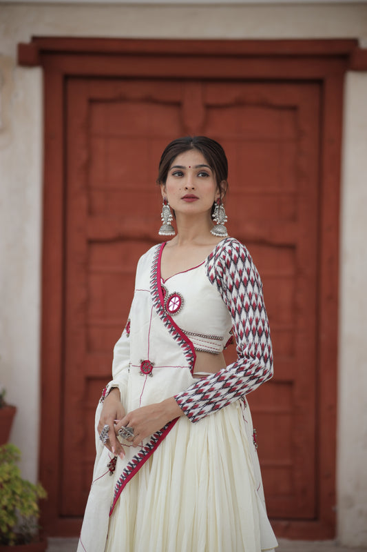 White Ikat Navratri Chaniya Choli with Statement Mirror Dupatta | Glam Girl Raas 2025