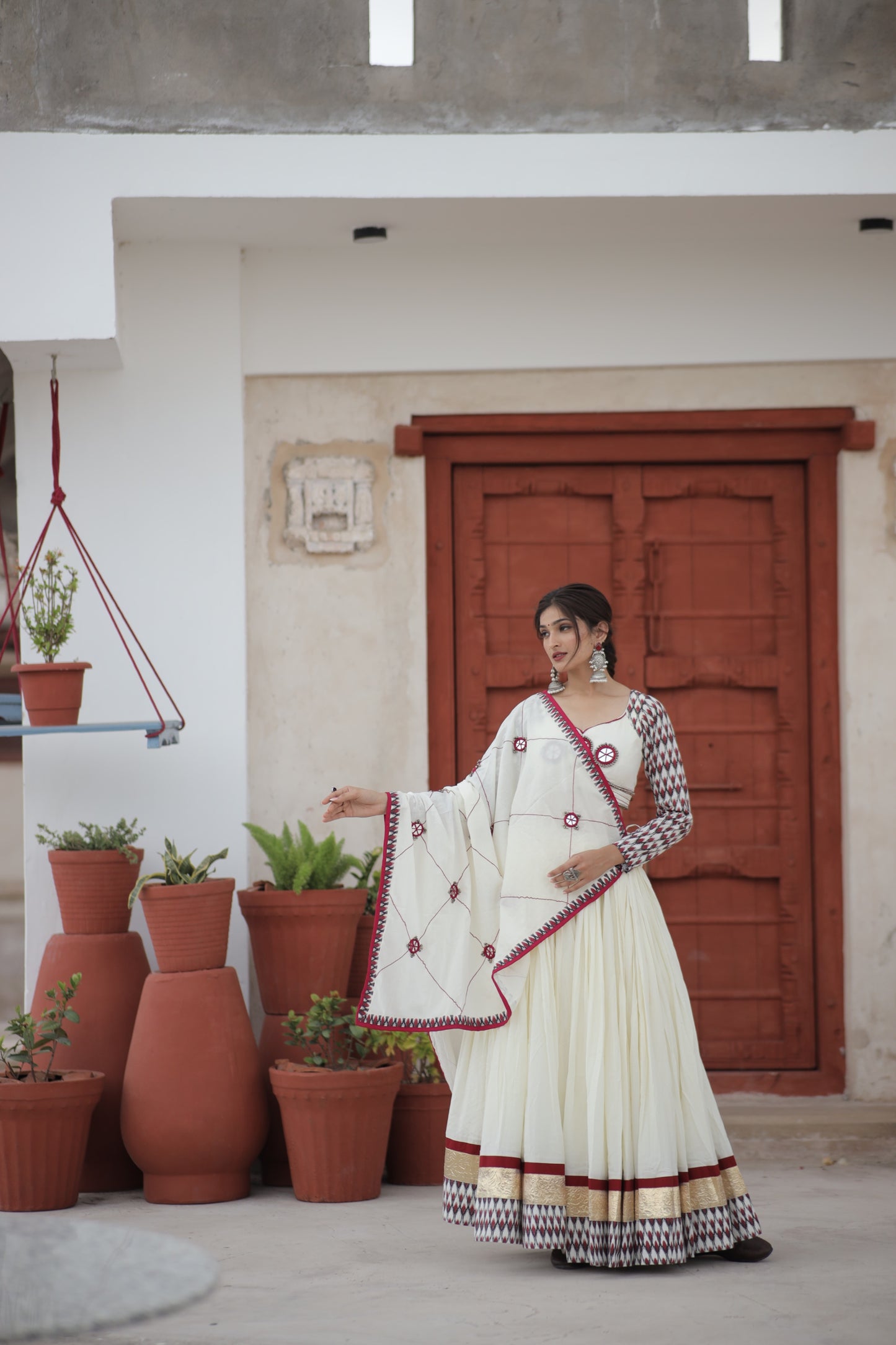 White Ikat Navratri Chaniya Choli with Statement Mirror Dupatta | Glam Girl Raas 2025