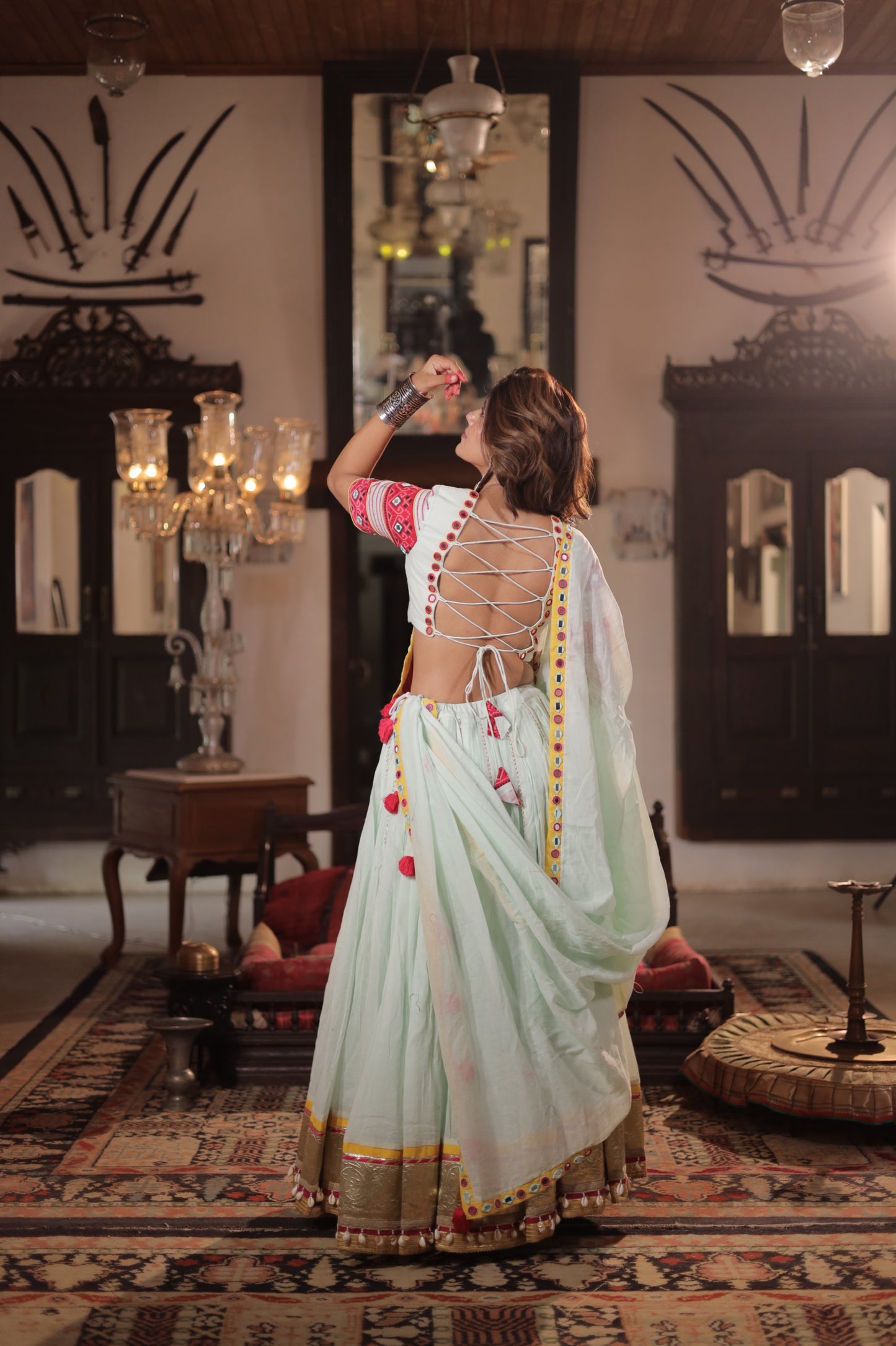 Pista Elegance: Navratri 2025 Mul Cotton Skirt Set with Patola Mirror Blouse & Daman Dupatta