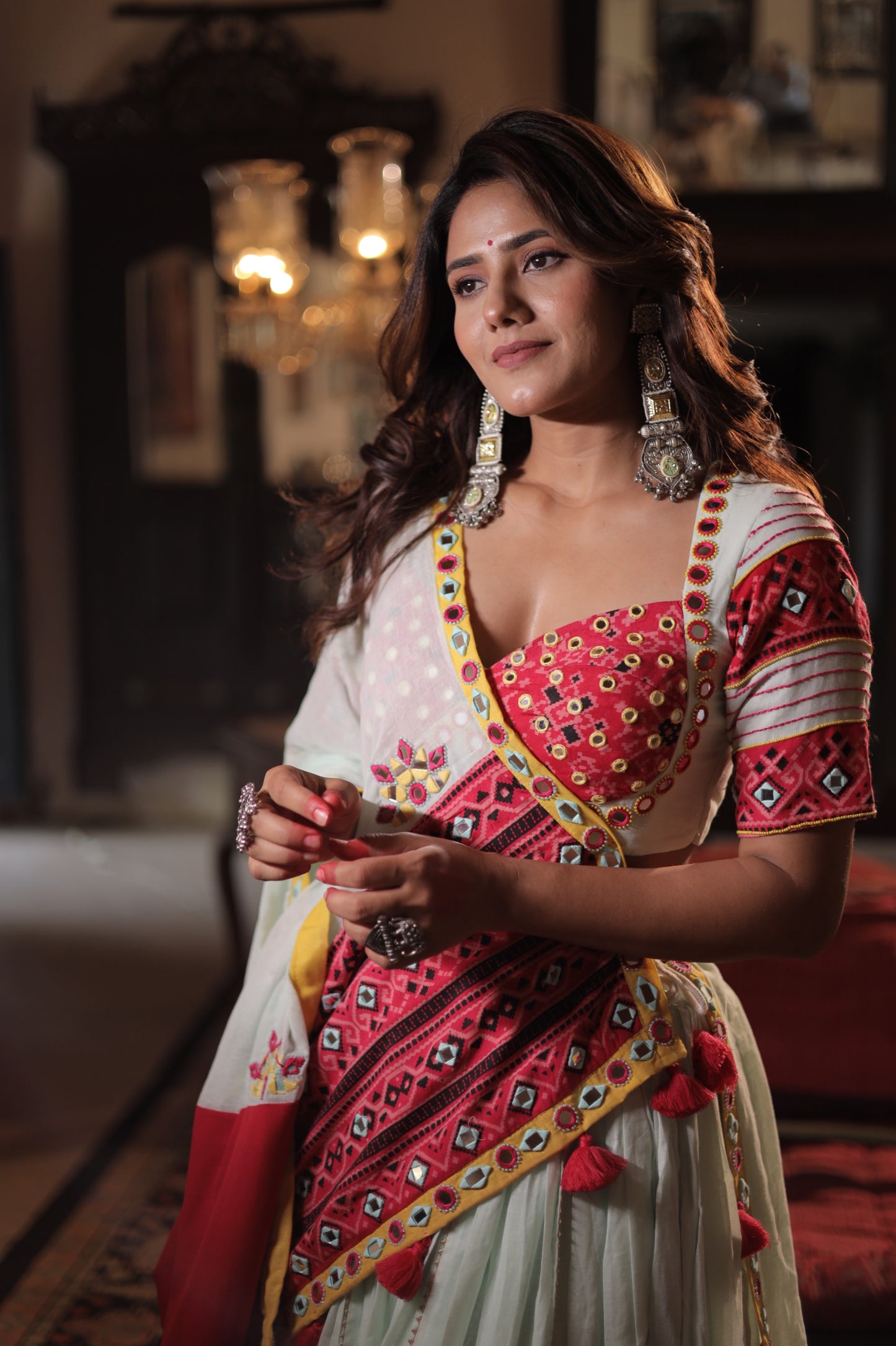 Pista Elegance: Navratri 2025 Mul Cotton Skirt Set with Patola Mirror Blouse & Daman Dupatta