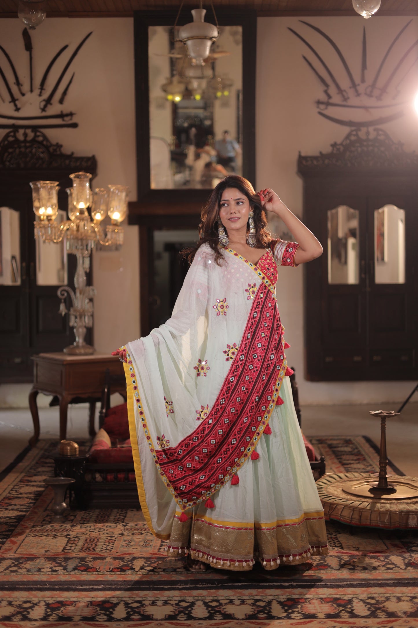 Pista Elegance: Navratri 2025 Mul Cotton Skirt Set with Patola Mirror Blouse & Daman Dupatta