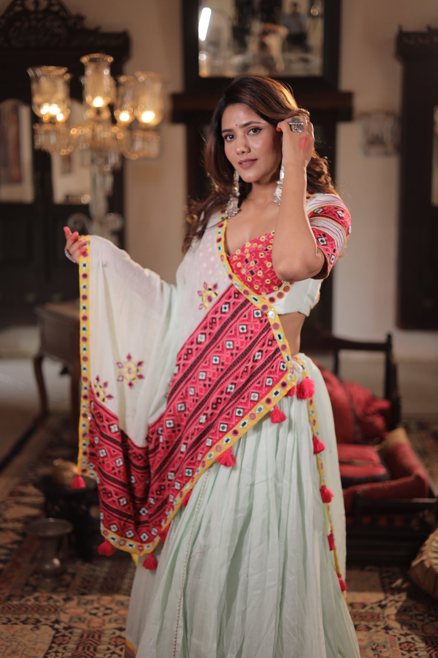 Pista Elegance: Navratri 2025 Mul Cotton Skirt Set with Patola Mirror Blouse & Daman Dupatta