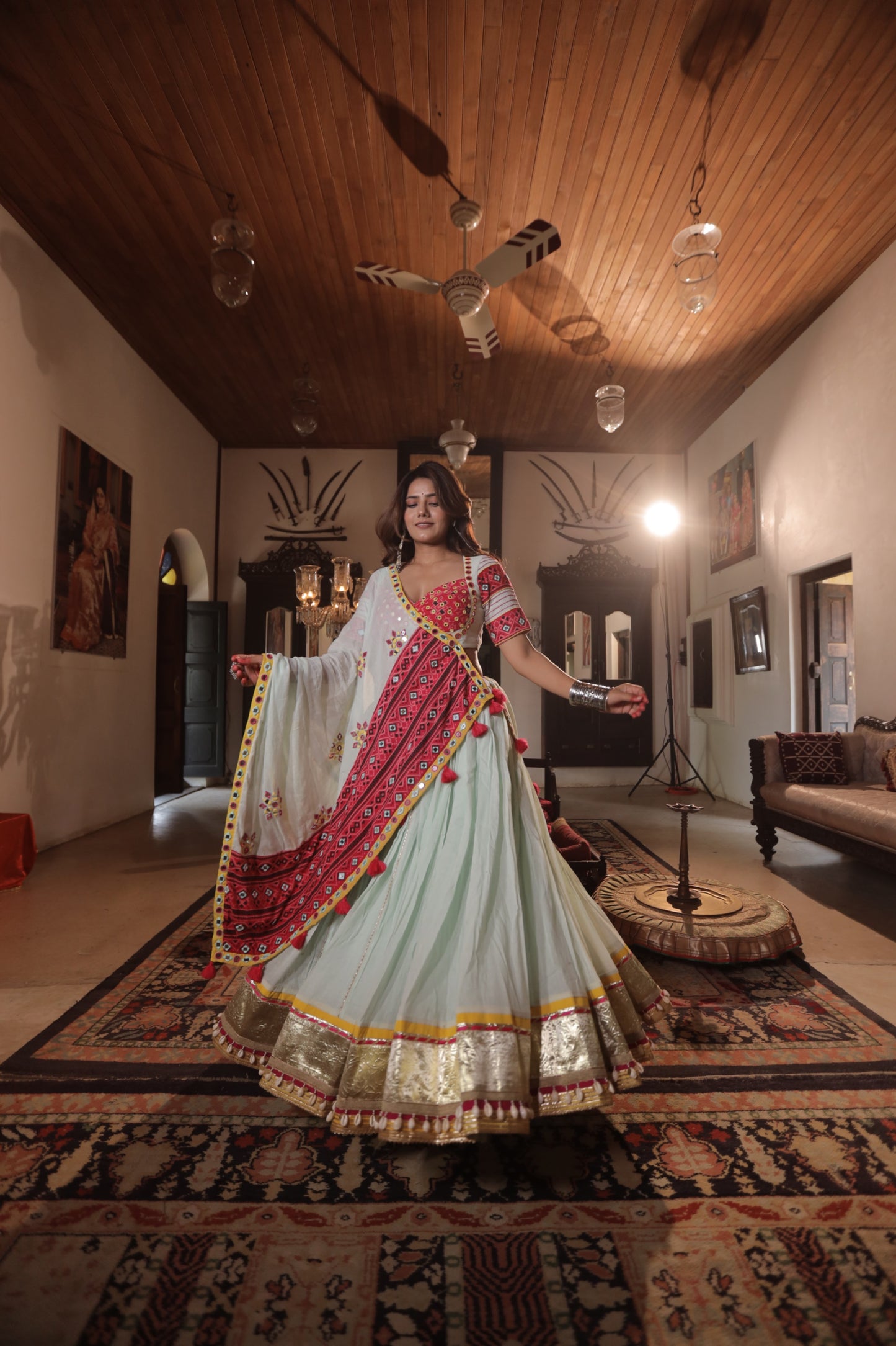 Pista Elegance: Navratri 2025 Mul Cotton Skirt Set with Patola Mirror Blouse & Daman Dupatta